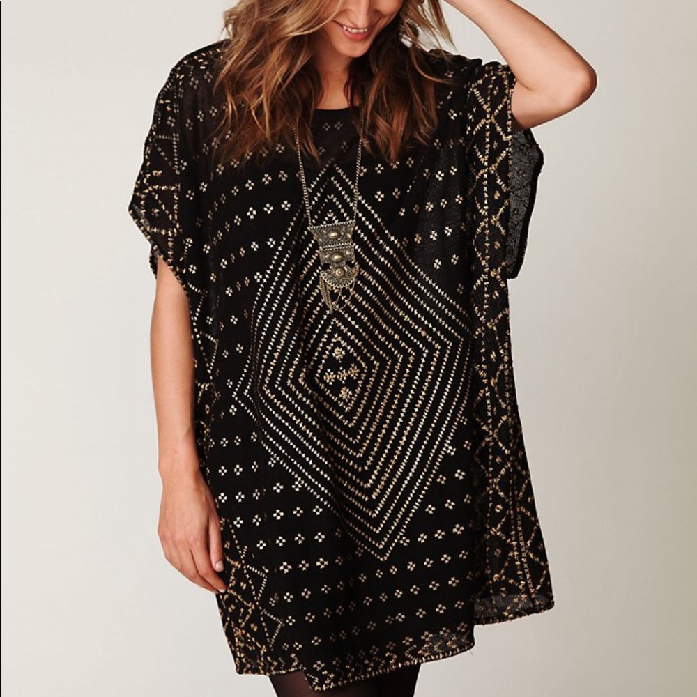 Free People Mesh Black Gold Poncho Tunic Dress